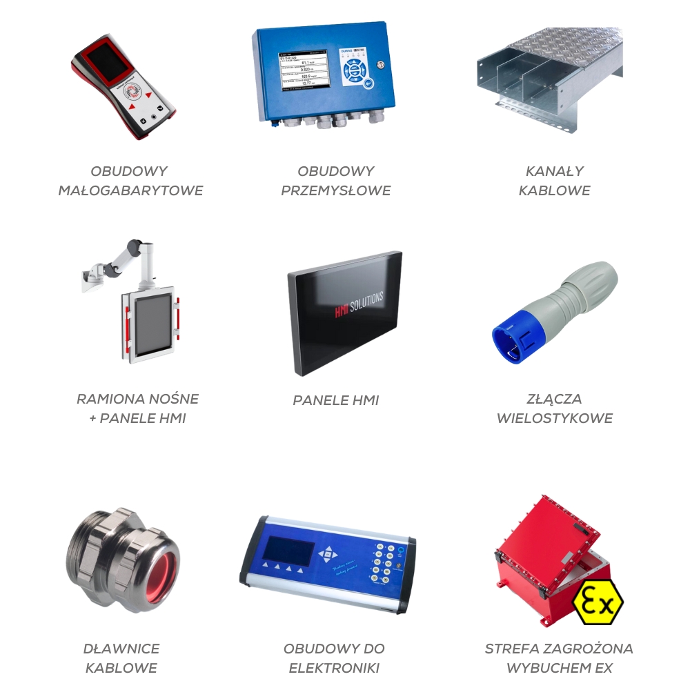 Zdjęcie pokazuje produkty takie jak dławnice kablowe, obudowy przemysłowe, obudowy do elektroniki, koryta kablowe, skrzynki zaciskowe Ex i puszki połączeniowe